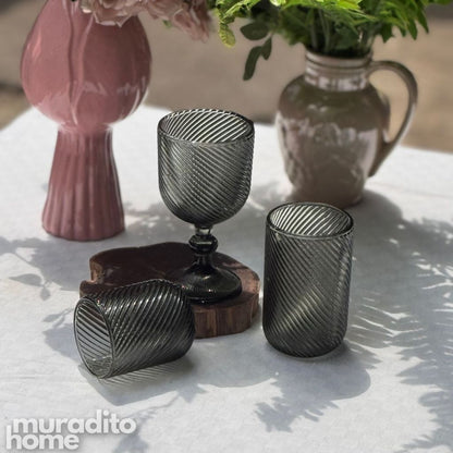 Muraditohome Venita Ash Glassware Collection | Premium Vintage Diagonal Swirl Smoke Grey Glass