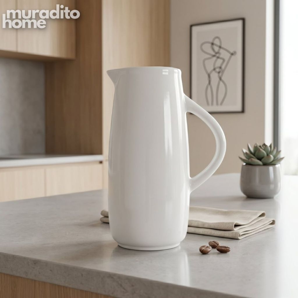 Muraditohome Aesthetic Nordic White Ceramic Pitcher (1.1L) | Modern Minimalist Large Water Jug