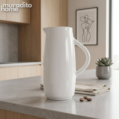 Muraditohome Aesthetic Nordic White Ceramic Pitcher (1.1L) | Modern Minimalist Large Water Jug