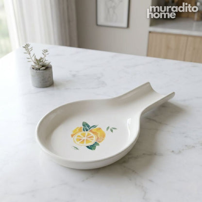Muraditohome Premium Ceramic Spoon Rest with Fresh Lemon Print 4x6.25 in