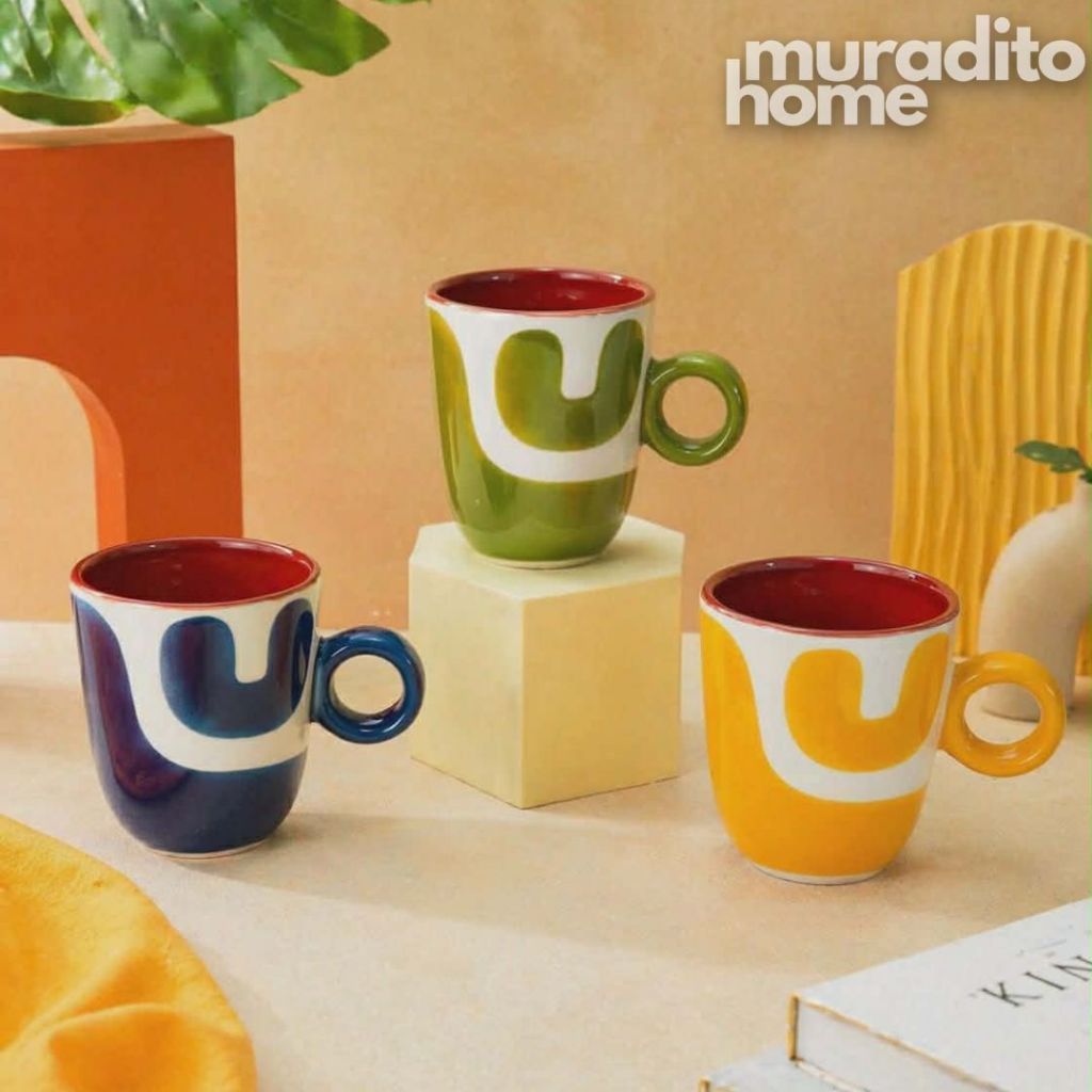 Muraditohome Boudoir Ceramic Deco Kitchenware Vibrant Abstract Cups, Serving Bowl & Oval Platter