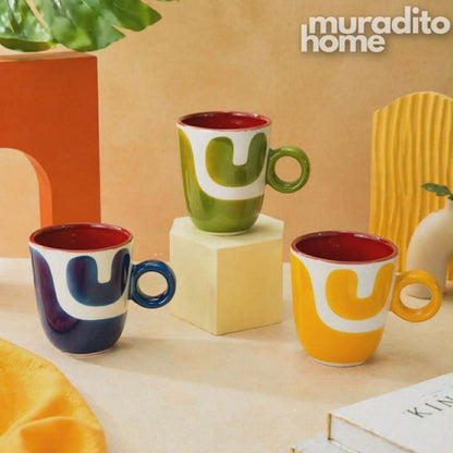Muraditohome Boudoir Ceramic Deco Kitchenware Vibrant Abstract Cups, Serving Bowl & Oval Platter