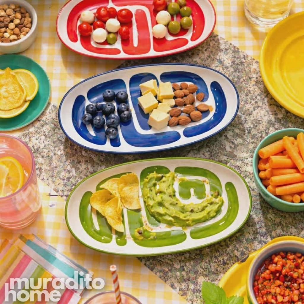 Muraditohome Boudoir Ceramic Deco Kitchenware Vibrant Abstract Cups, Serving Bowl & Oval Platter