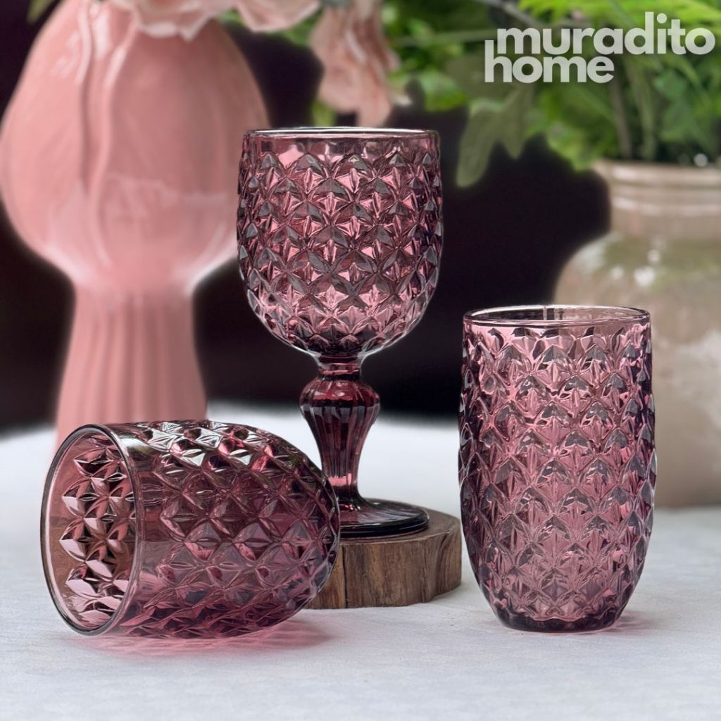 Muraditohome Neytiri Plum Glassware Collection | Premium Vintage Embossed Purple Glass