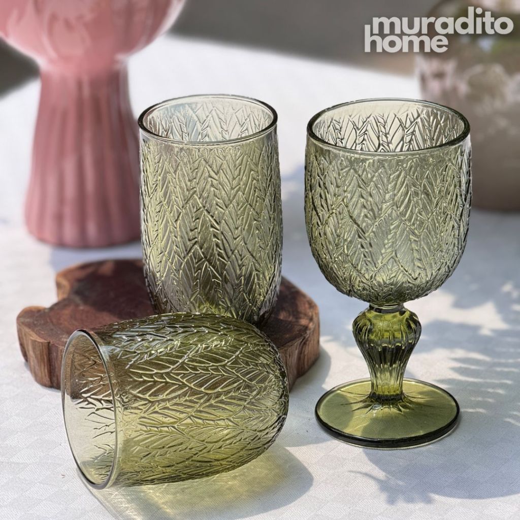 Muraditohome Katara Moss Glassware Collection | Premium Vintage Embossed Green Botanical Glass