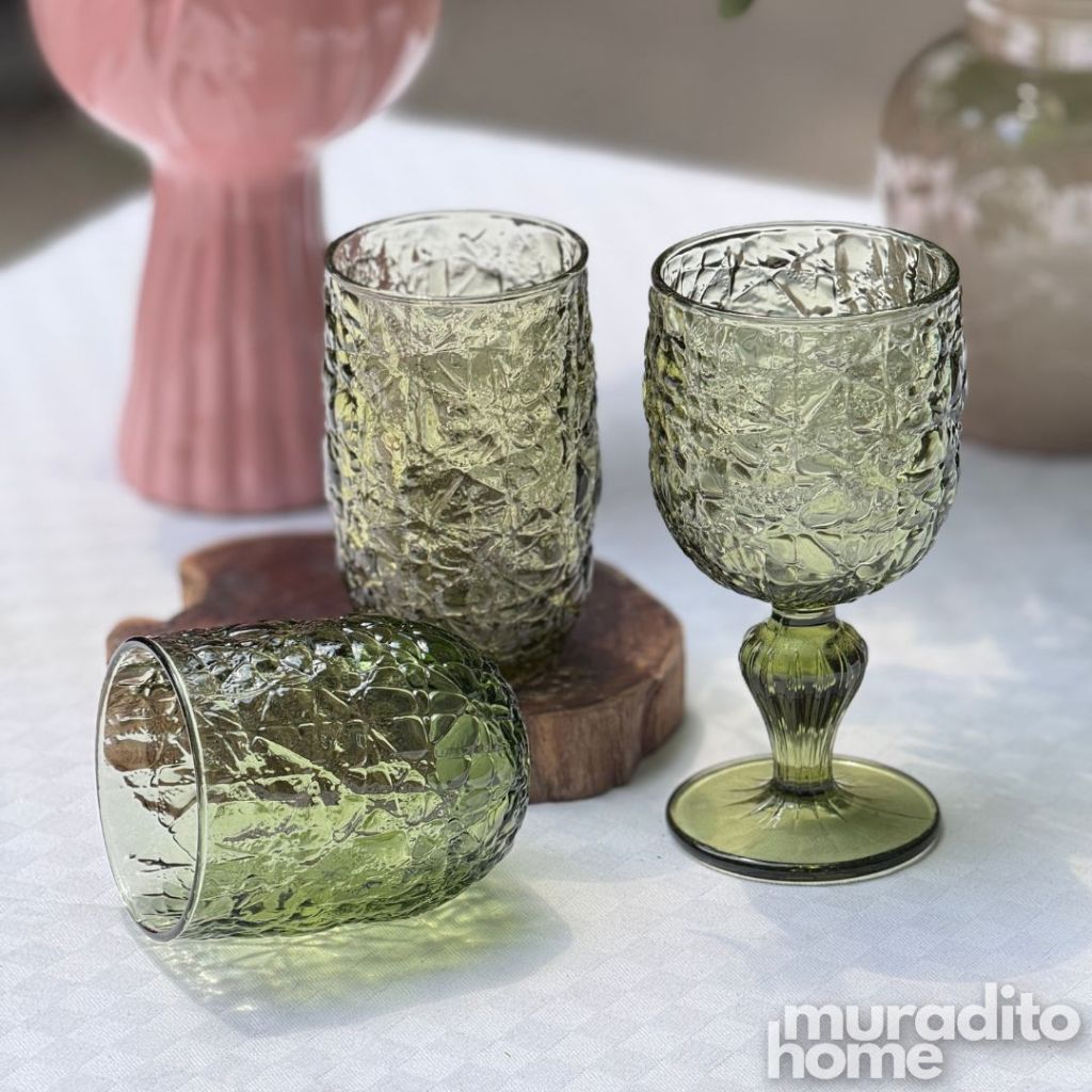 Muraditohome Azula Moss Glassware Collection | Premium Vintage Hammered Green Glass