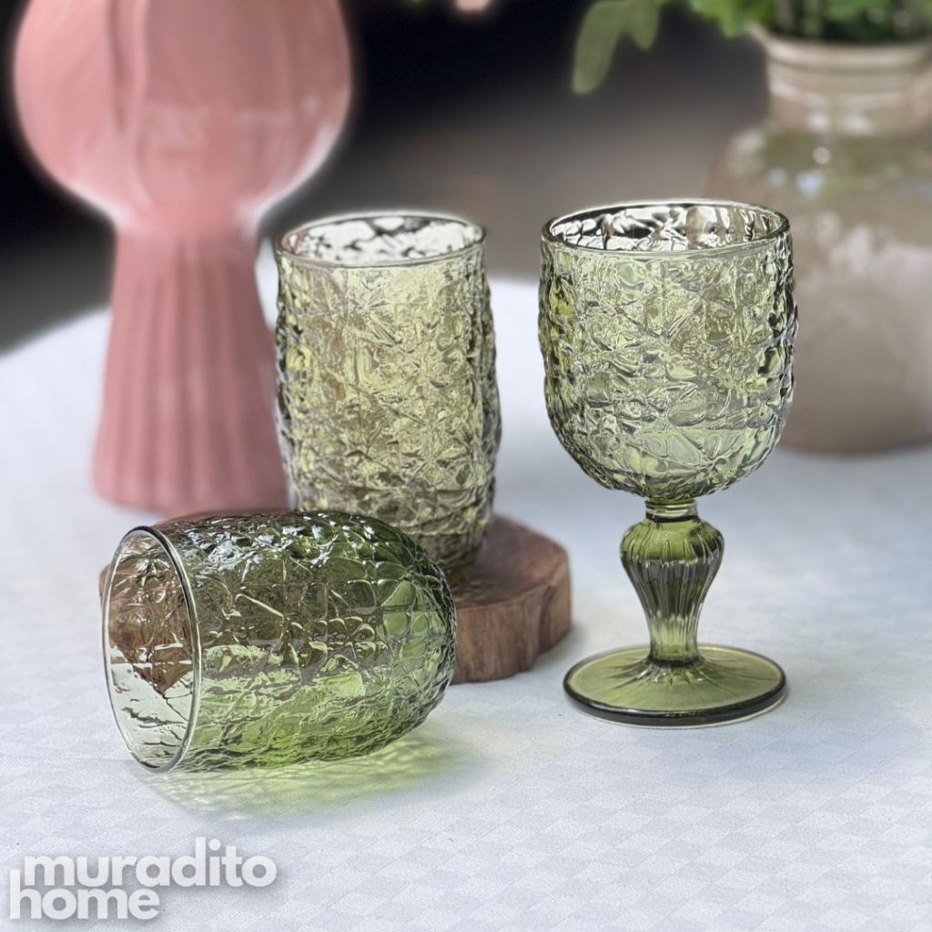 Muraditohome Azula Moss Glassware Collection | Premium Vintage Hammered Green Glass