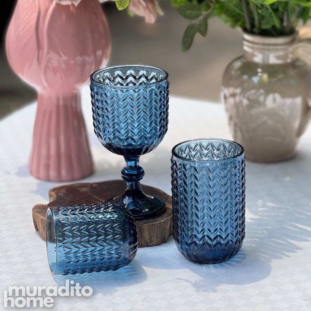 Muraditohome Zolai Blue Glassware Collection | Premium Vintage Wavy Chevron Blue Glass