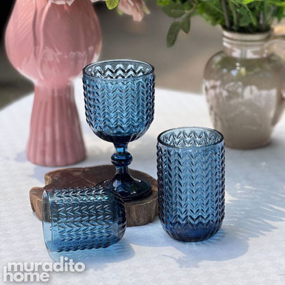 Muraditohome Zolai Blue Glassware Collection | Premium Vintage Wavy Chevron Blue Glass