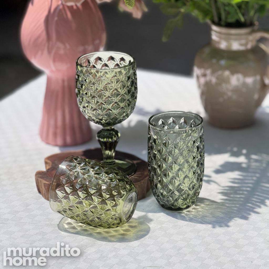 Muraditohome Neytiri Moss Glassware Collection | Premium Vintage Embossed Green Glass