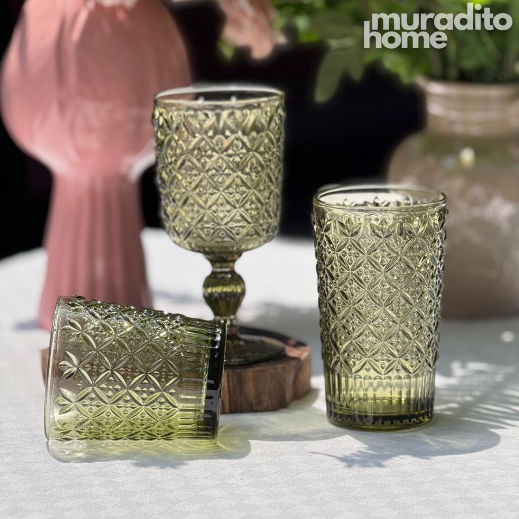 Muraditohome Jinora Moss Glassware Collection | Premium Vintage Embossed Green Glass