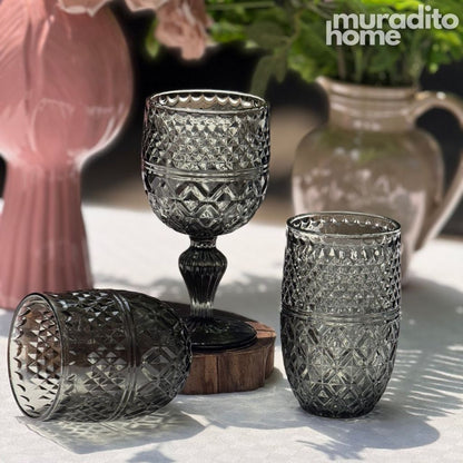 Muraditohome Kuyin Ash Glassware Collection | Premium Vintage Embossed Diamond Smoke Grey Glass