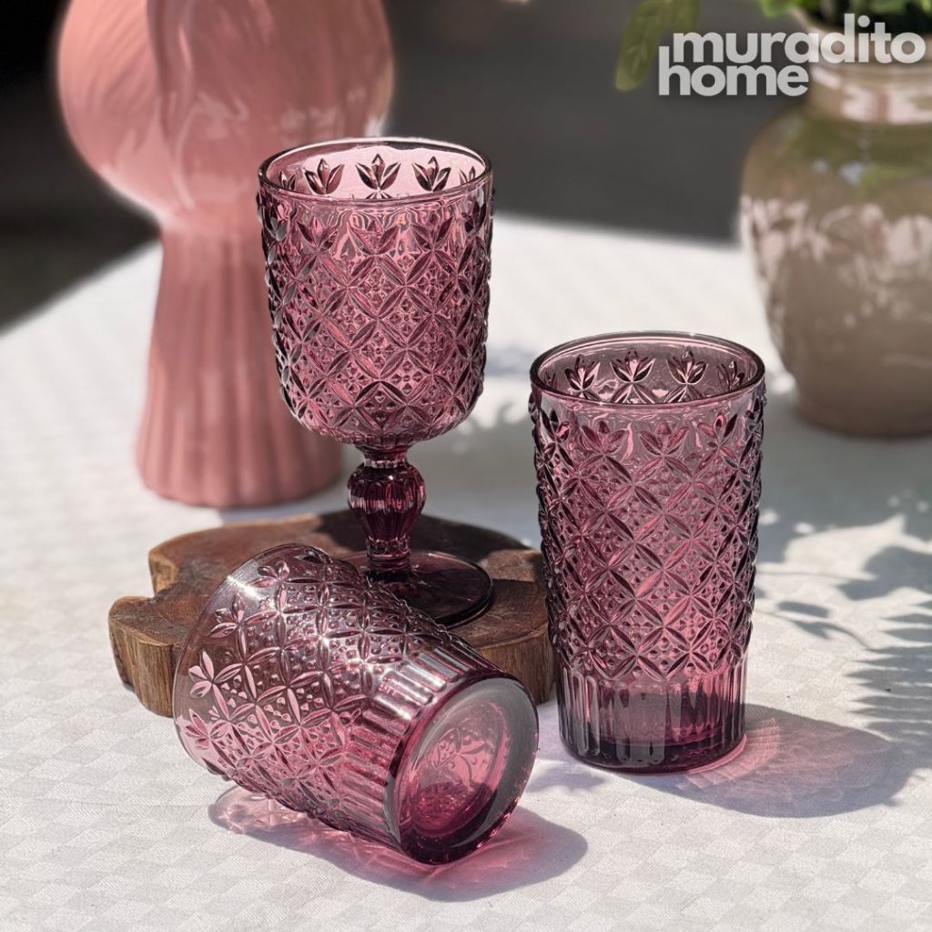 Muraditohome Jinora Plum Glassware Collection | Premium Vintage Embossed Floral Purple Glass