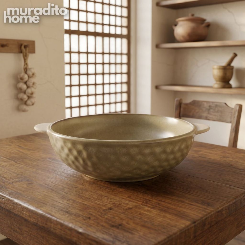 Muraditohome Aesthetic Stoneware Serving Bowl with Handles 11x9x2.5 inches