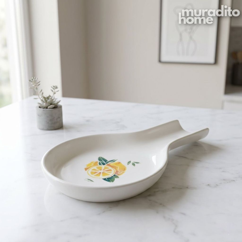 Muraditohome Premium Ceramic Spoon Rest with Fresh Lemon Print 4x6.25 in