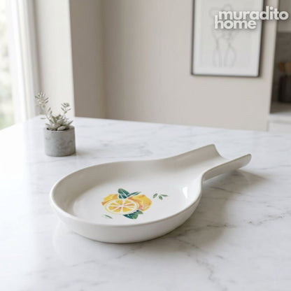 Muraditohome Premium Ceramic Spoon Rest with Fresh Lemon Print 4x6.25 in