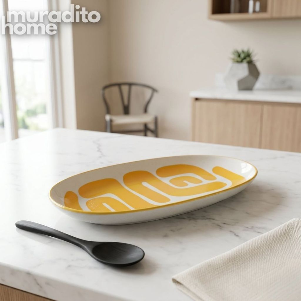 Muraditohome Boudoir Ceramic Deco Kitchenware Vibrant Abstract Cups, Serving Bowl & Oval Platter