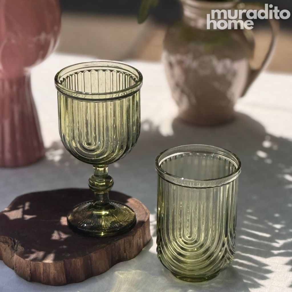 Muraditohome Kayina Retro Green Glassware Collection | Premium Vintage Ribbed Art Deco Glass