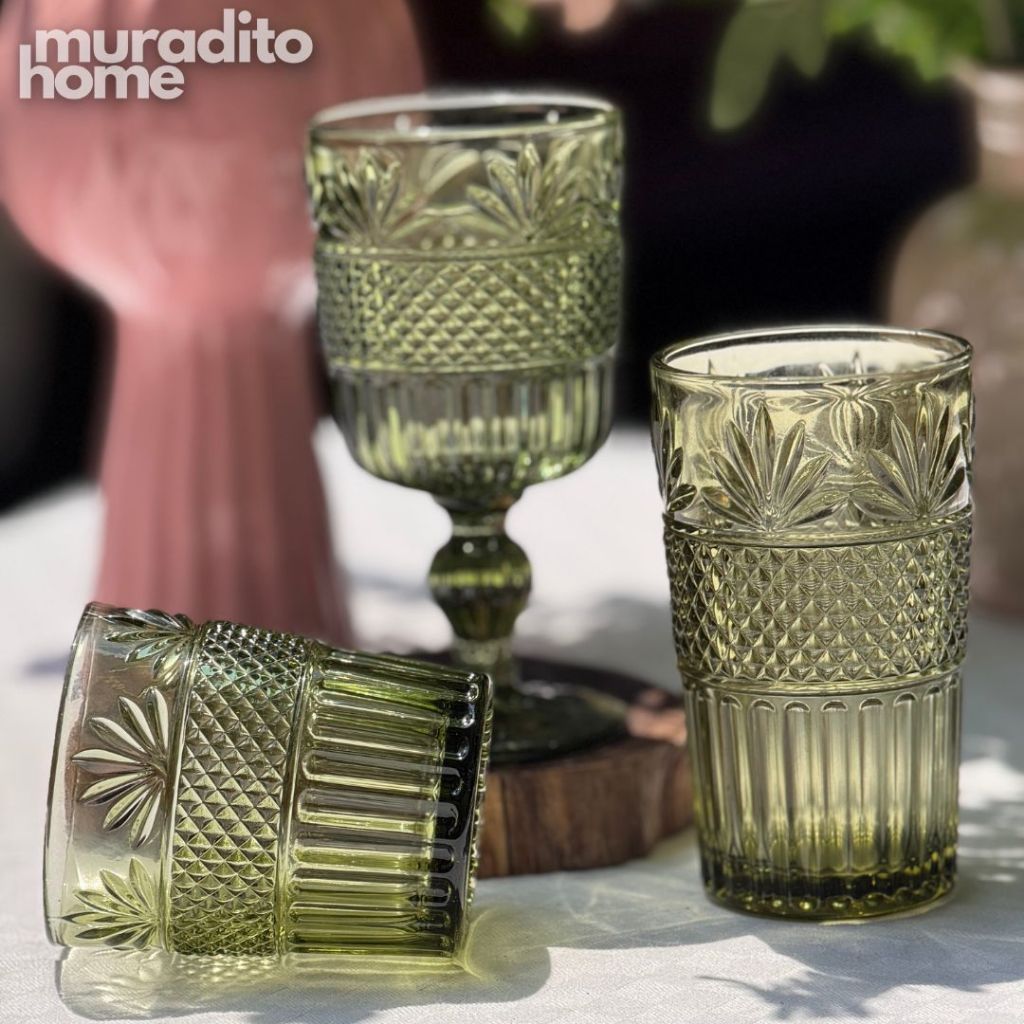 Muraditohome Dorian Moss Glassware Collection | Premium Vintage Multi-Textured Green Glass