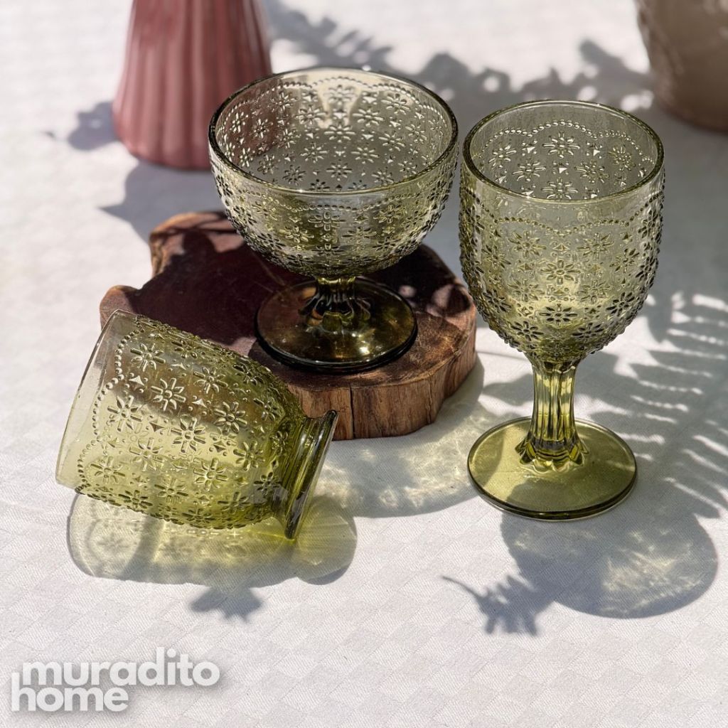 Muraditohome Iroh Moss Glassware Collection | Premium Vintage Embossed Floral Green Glass