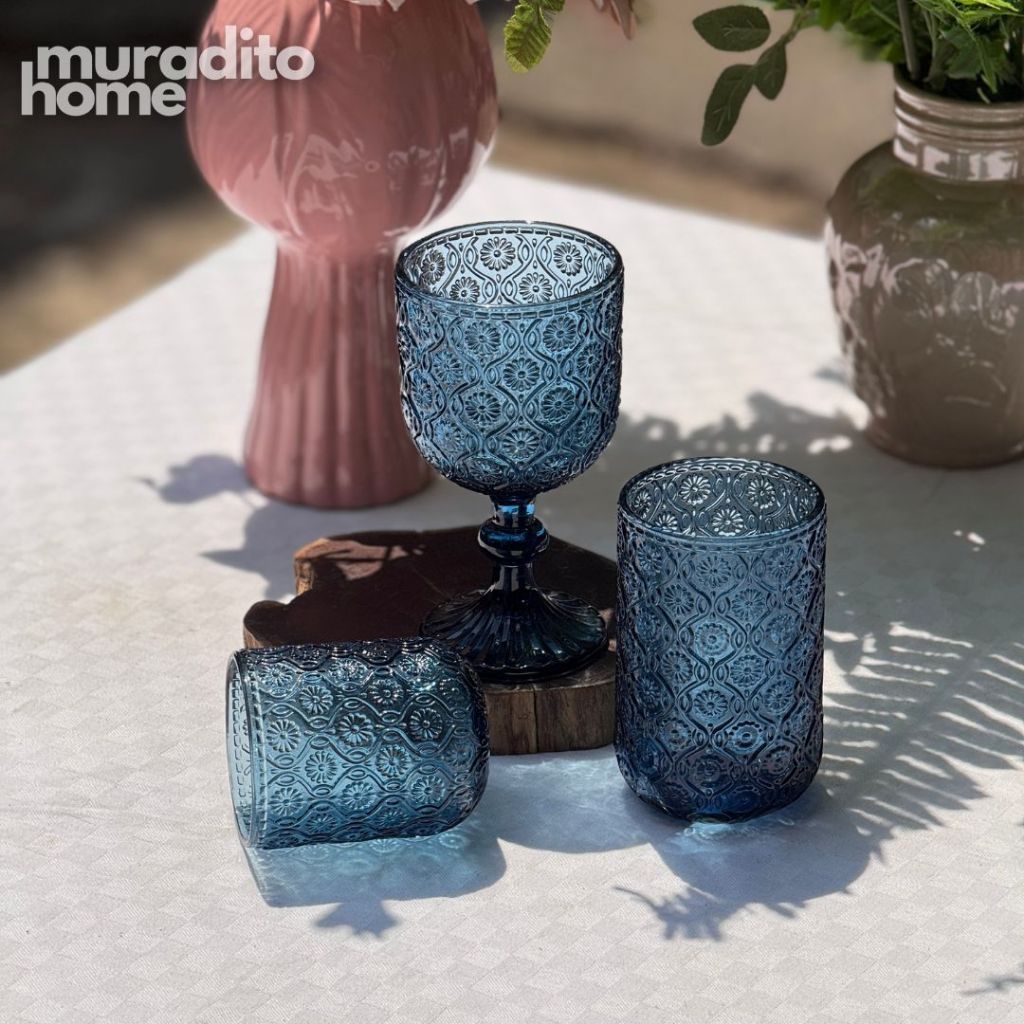 Muraditohome Sokka Blue Glassware Collection | Premium Vintage Floral Medallion Ocean Blue Glass