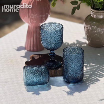 Muraditohome Sokka Blue Glassware Collection | Premium Vintage Floral Medallion Ocean Blue Glass