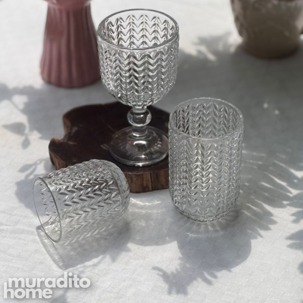 Muraditohome Zolia Clear Glassware Collection | Premium Vintage Wavy Chevron Transparent Glass