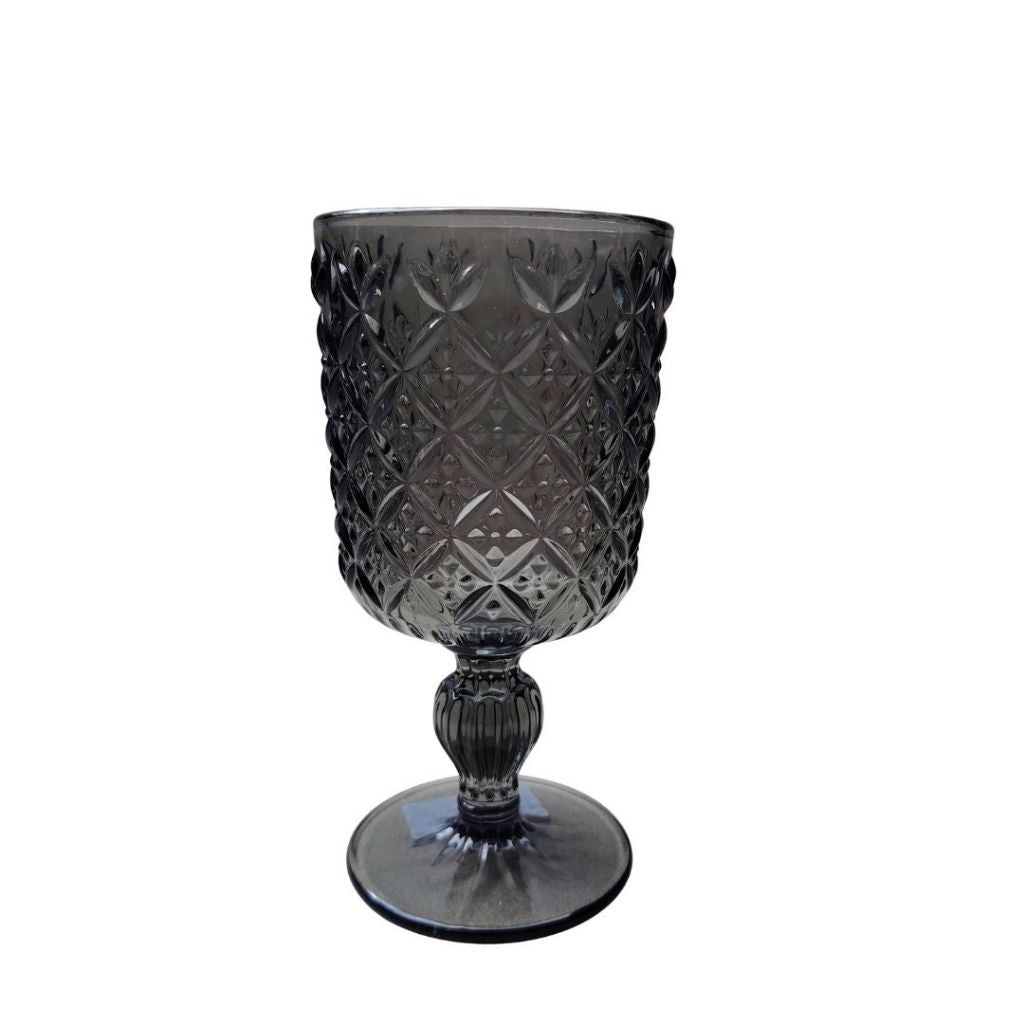 Muraditohome Jinora Ash Glassware Collection | Premium Vintage Embossed Floral Smoke Grey Glass