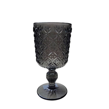 Muraditohome Jinora Ash Glassware Collection | Premium Vintage Embossed Floral Smoke Grey Glass