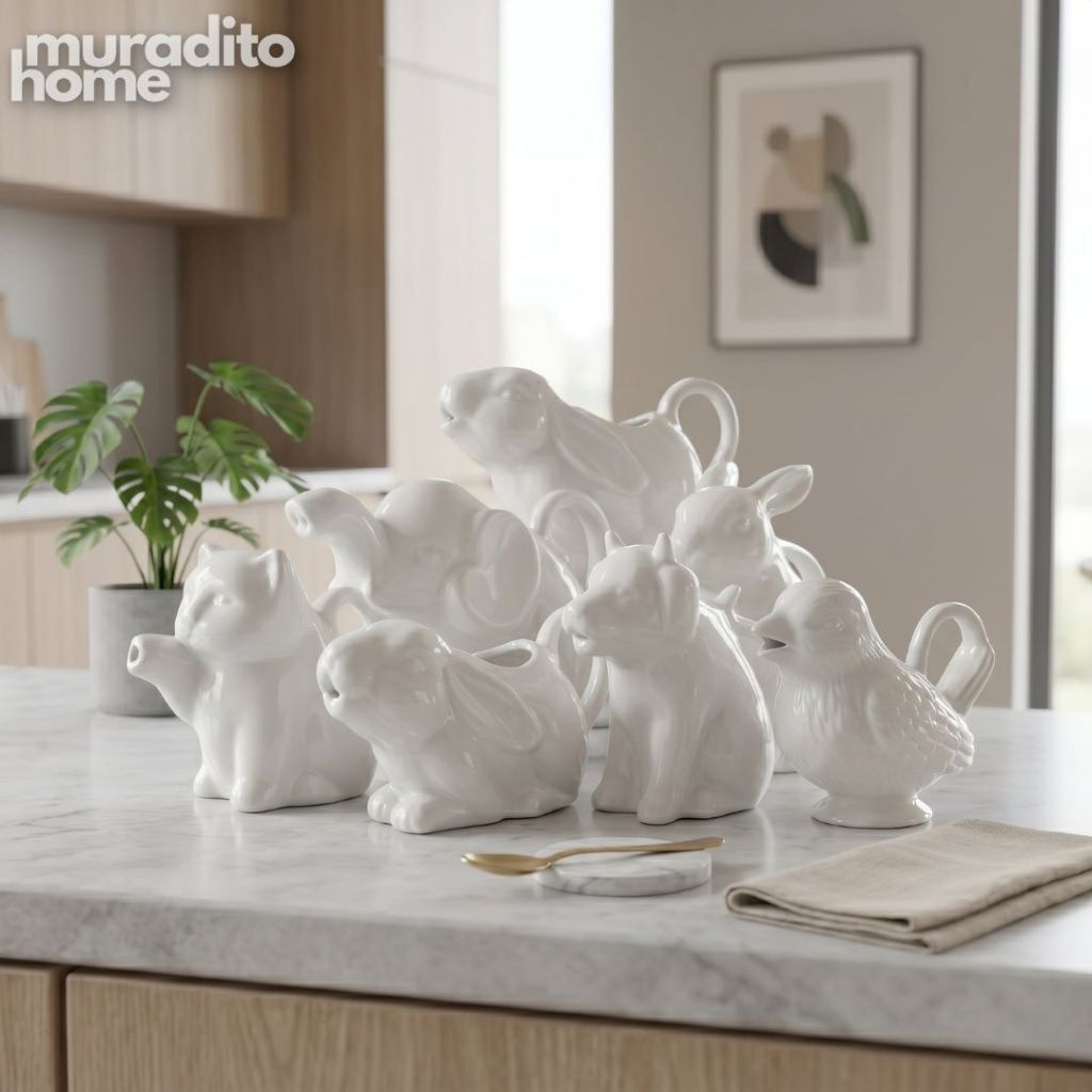 Muraditohome Aesthetic Animal-Shaped Ceramic Creamer | Cute White Mini Milk Pitcher & Syrup Jug