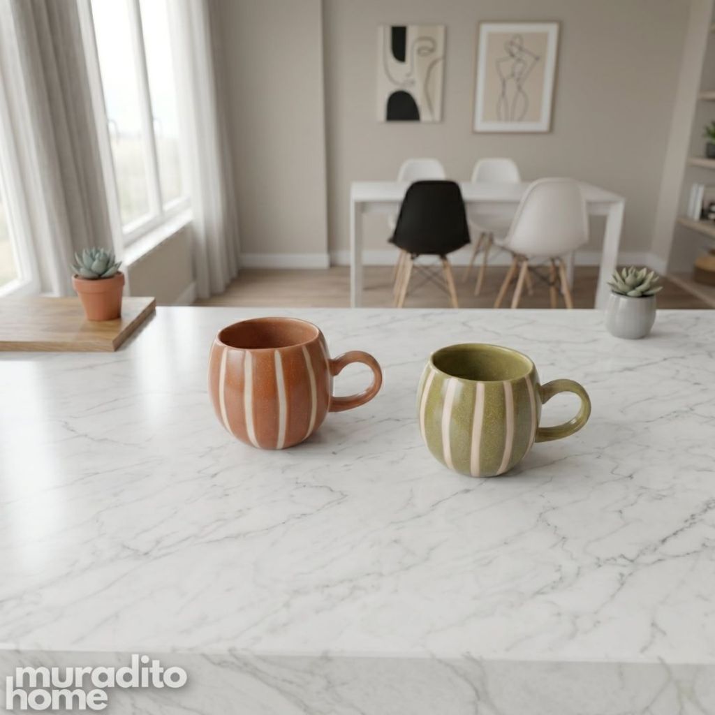 Muraditohome Aesthetic Chubby Ceramic Striped Ribbed Mug 490 ml