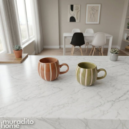 Muraditohome Aesthetic Chubby Ceramic Striped Ribbed Mug 490 ml