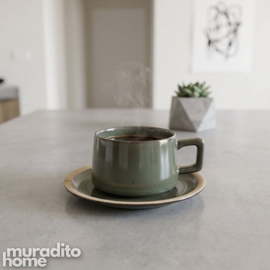 Muraditohome Maris Stoneware Coffee Cup Set 240 ml Vintage Minimalist Cafe Mug with Square Handle