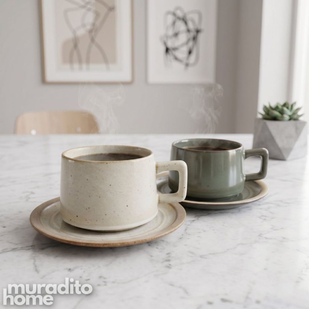 Muraditohome Maris Stoneware Coffee Cup Set 240 ml Vintage Minimalist Cafe Mug with Square Handle