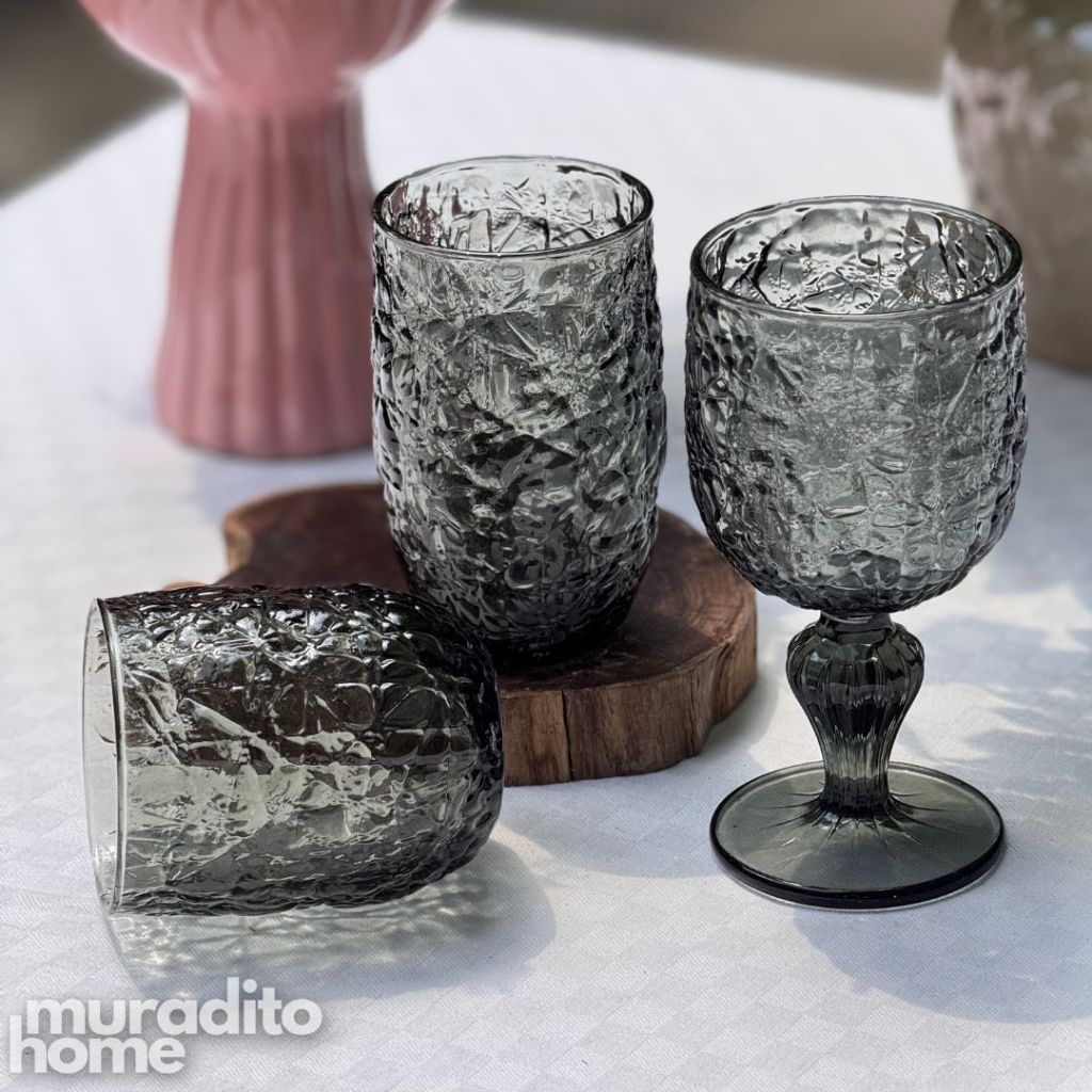 Muraditohome Azula Ash Glassware Collection | Premium Vintage Hammered Smoke Grey Glass