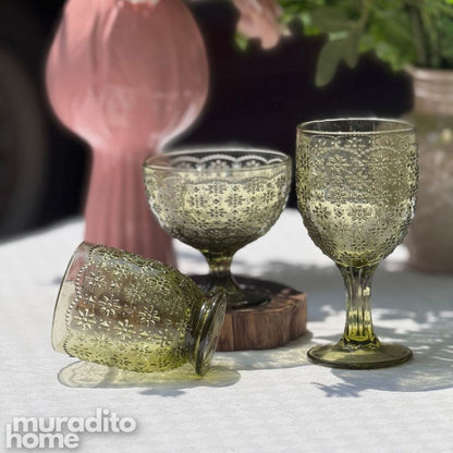 Muraditohome Iroh Moss Glassware Collection | Premium Vintage Embossed Floral Green Glass