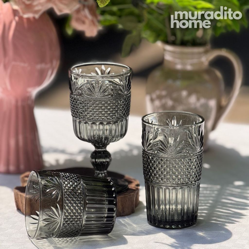 Muraditohome Dorian Ash Glassware Collection | Premium Vintage Multi-Textured Smoke Grey Glass