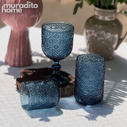 Muraditohome Sokka Blue Glassware Collection | Premium Vintage Floral Medallion Ocean Blue Glass