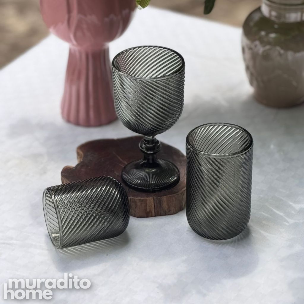 Muraditohome Venita Ash Glassware Collection | Premium Vintage Diagonal Swirl Smoke Grey Glass
