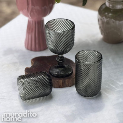 Muraditohome Venita Ash Glassware Collection | Premium Vintage Diagonal Swirl Smoke Grey Glass