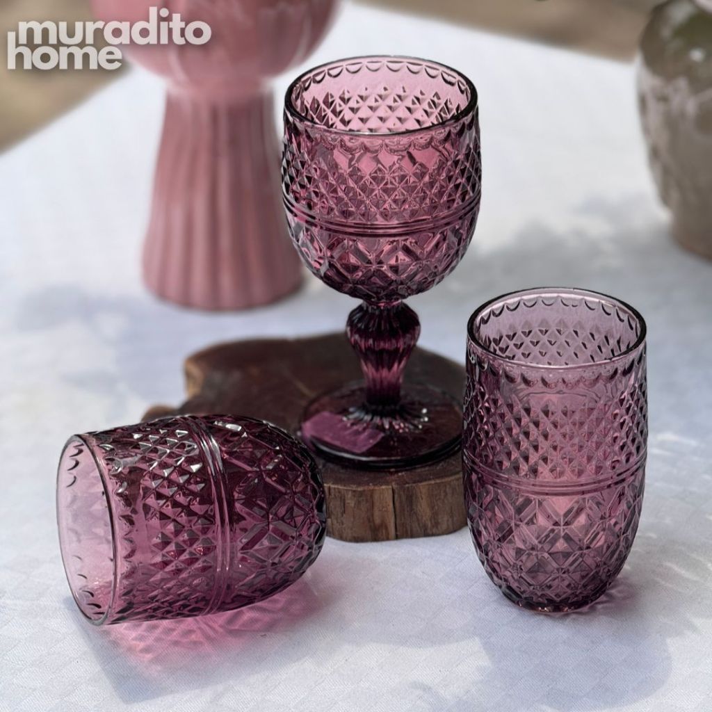 Muraditohome Kuyin Plum Glassware Collection | Premium Vintage Embossed Diamond Purple Glass