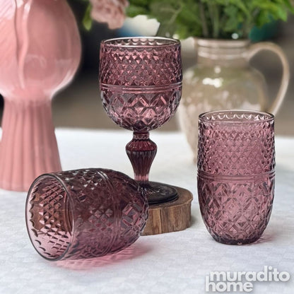 Muraditohome Kuyin Plum Glassware Collection | Premium Vintage Embossed Diamond Purple Glass