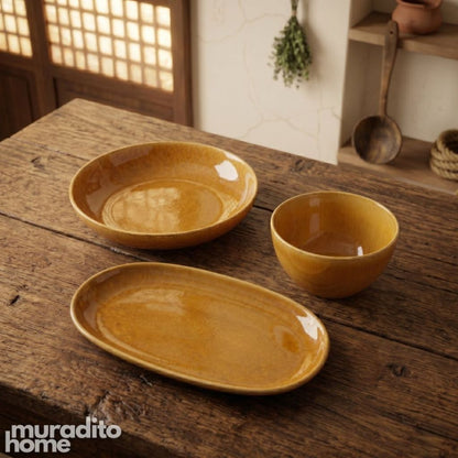 Muraditohome Premium Honey Amber Stoneware Serving Plate Collection