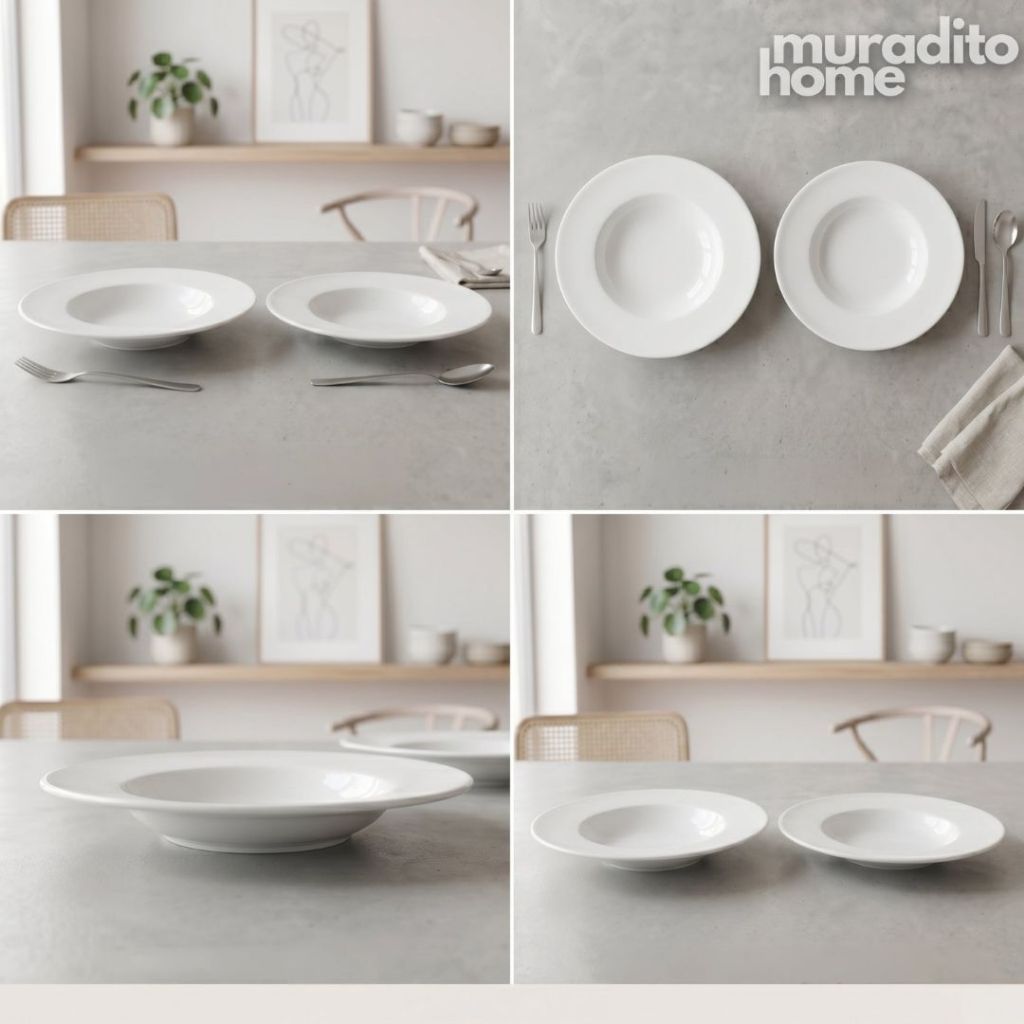 Muraditohome Premium Pure White Ceramic Pasta Plate | Wide Rim Deep Soup & Salad Bowl 10 & 10.25 in