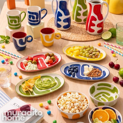 Muraditohome Boudoir Ceramic Deco Kitchenware Vibrant Abstract Cups, Serving Bowl & Oval Platter