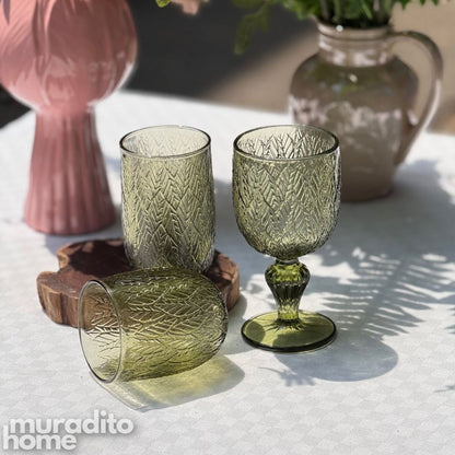 Muraditohome Katara Moss Glassware Collection | Premium Vintage Embossed Green Botanical Glass