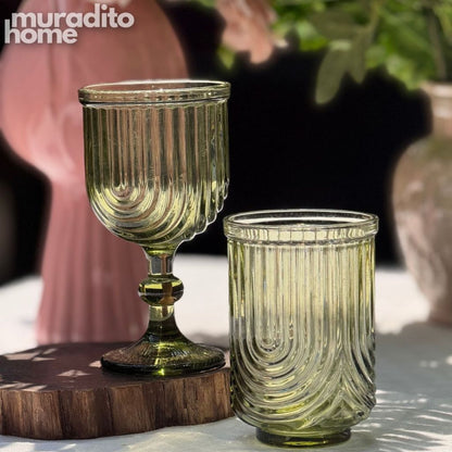 Muraditohome Kayina Retro Green Glassware Collection | Premium Vintage Ribbed Art Deco Glass