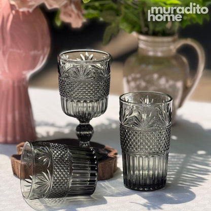 Muraditohome Dorian Ash Glassware Collection | Premium Vintage Multi-Textured Smoke Grey Glass