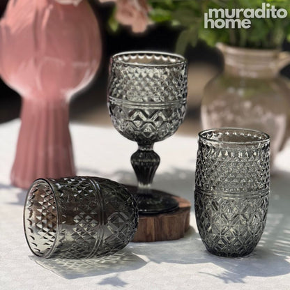 Muraditohome Kuyin Ash Glassware Collection | Premium Vintage Embossed Diamond Smoke Grey Glass