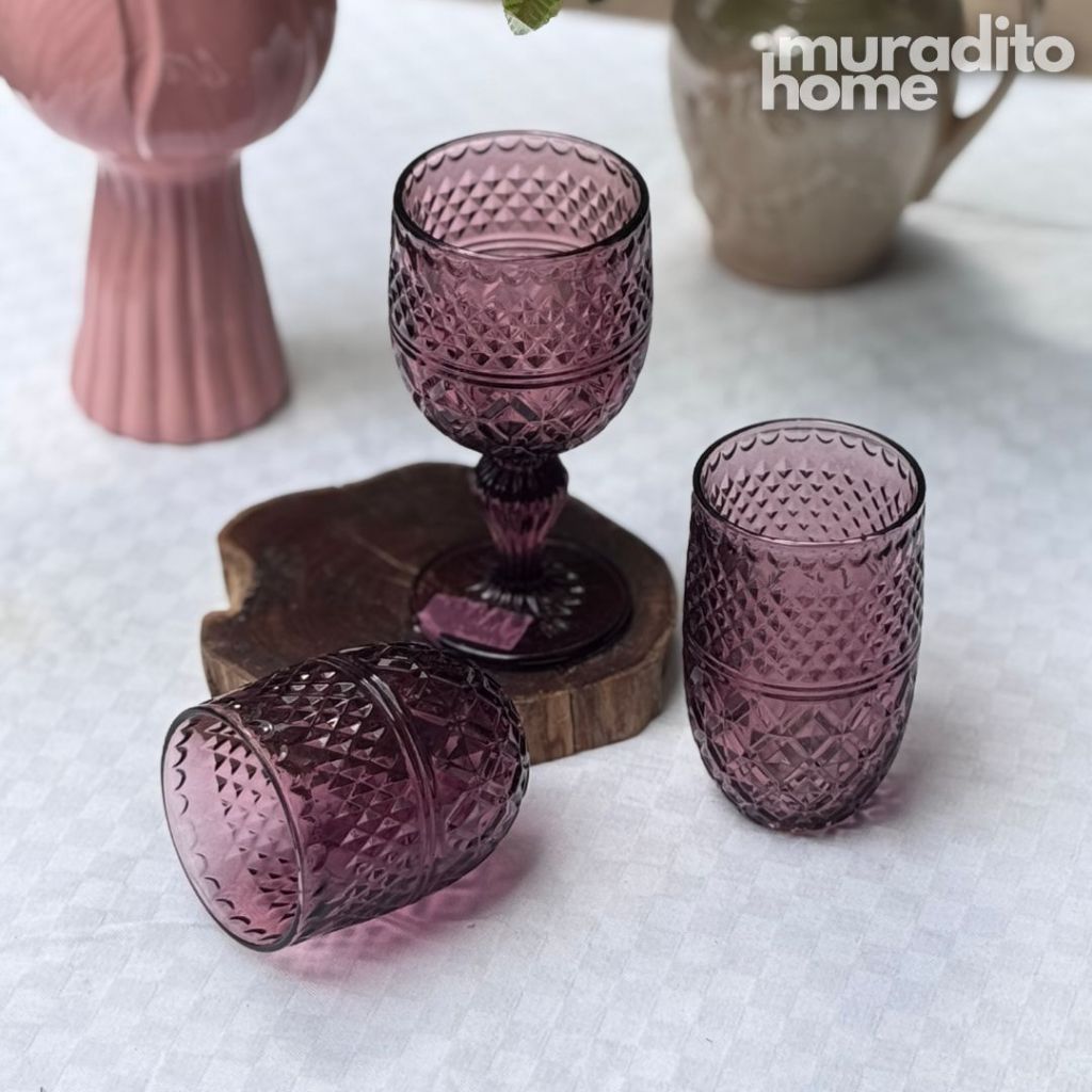 Muraditohome Kuyin Plum Glassware Collection | Premium Vintage Embossed Diamond Purple Glass